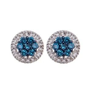 Rarities Sterling Silver Blue and White Diamond Halo Earring Studs